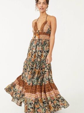 Free People Rust Floral Halter Tie-Front Maxi Dress